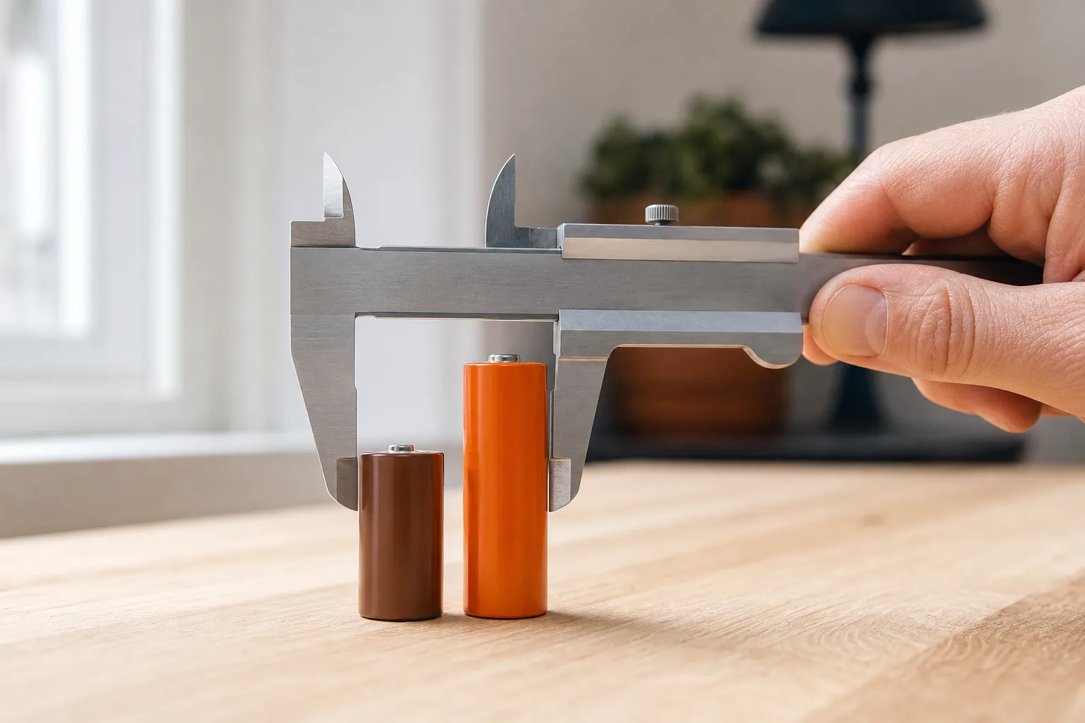 Ett skjutmått mäter höjden på ett 312-batteri bredvid ett högre 13-batteri med samma bredd