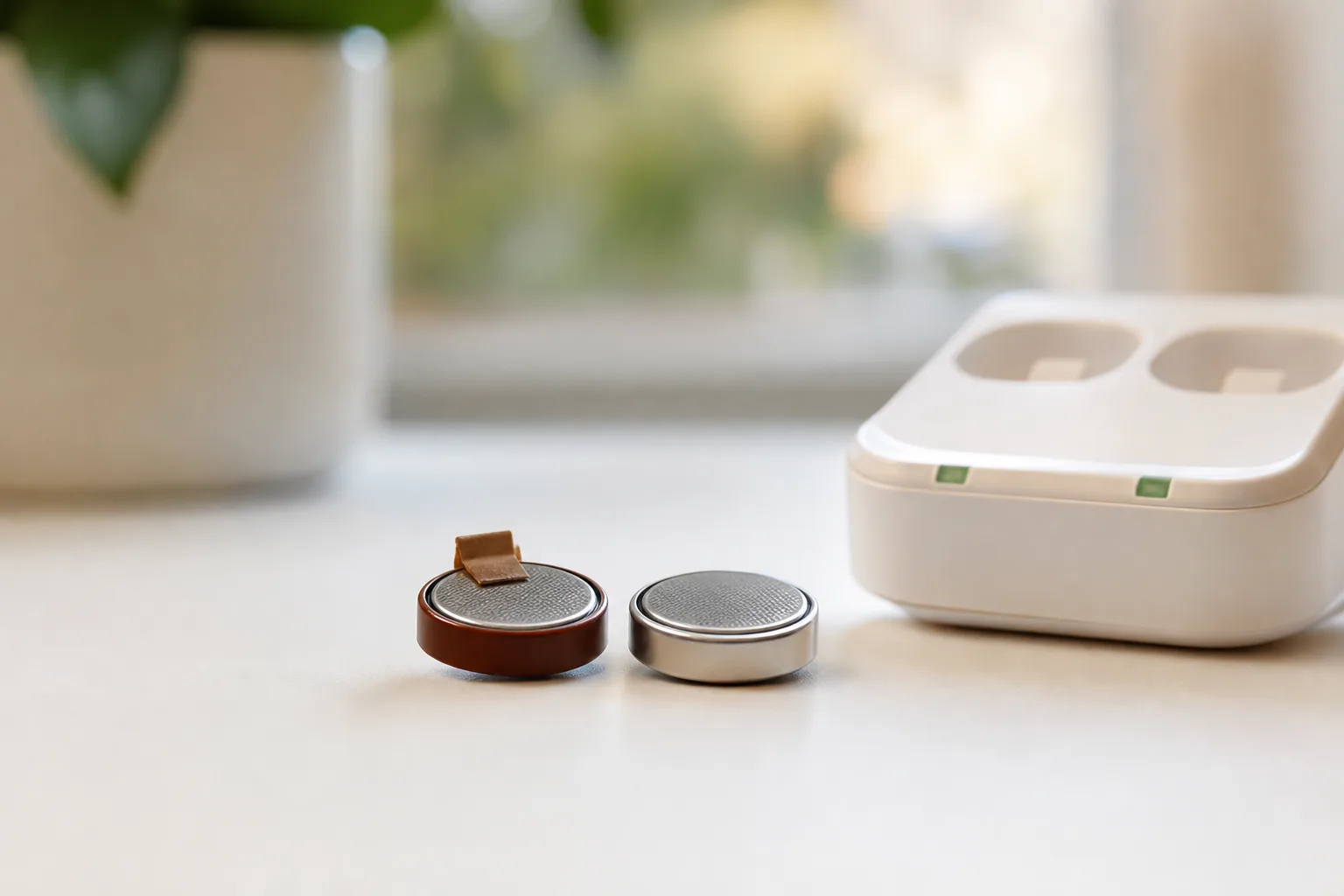 Ett engångsbatteri med skyddsflik och ett laddningsbart batteri sida vid sida framför en laddare