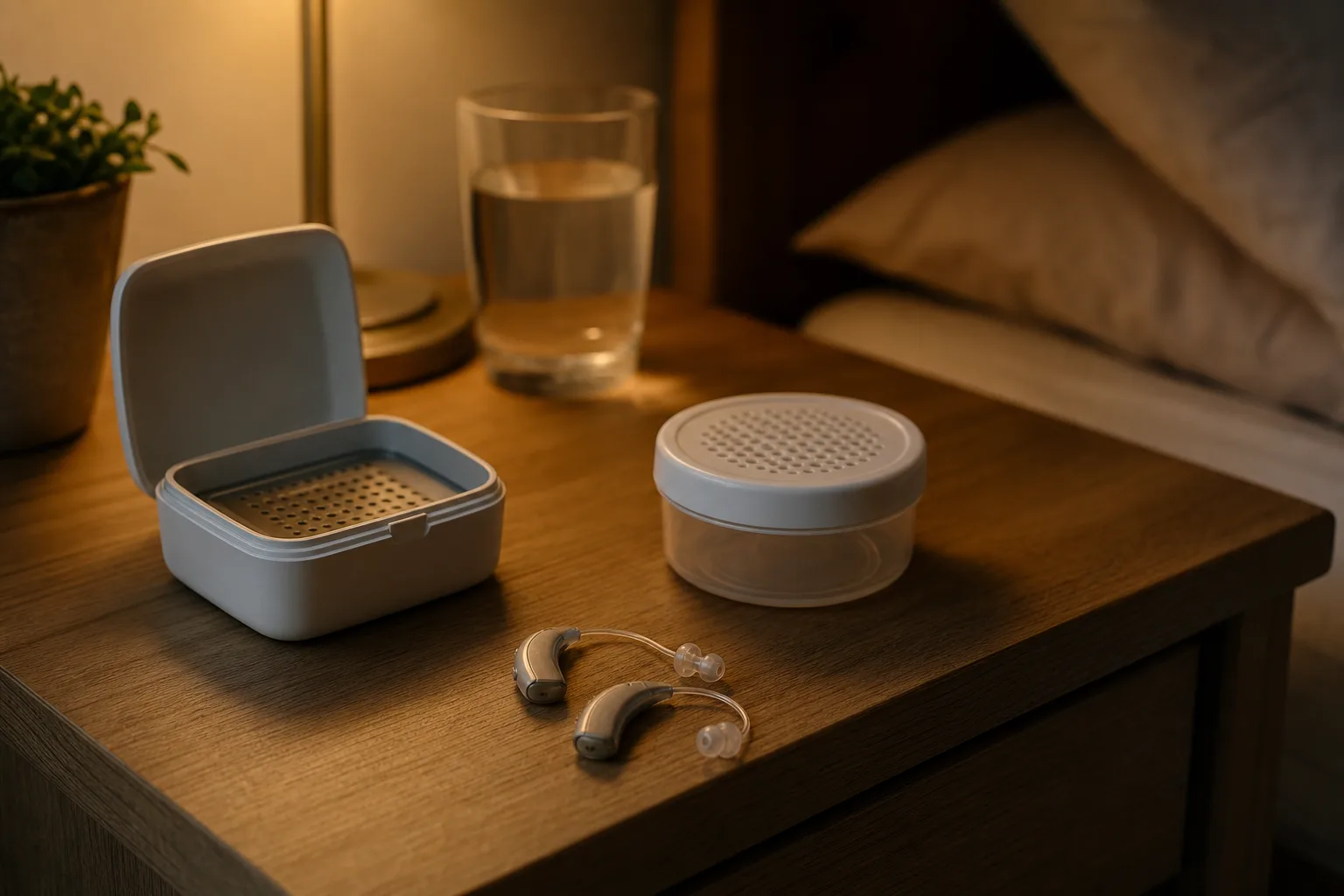Elektrisk torkbox med öppet lock bredvid en tät torkburk och ett par hörapparater